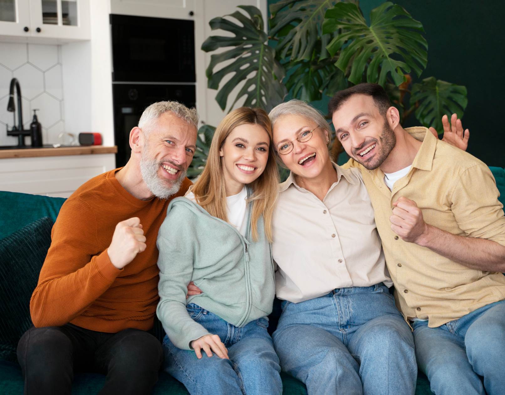 Four people smiling and posing