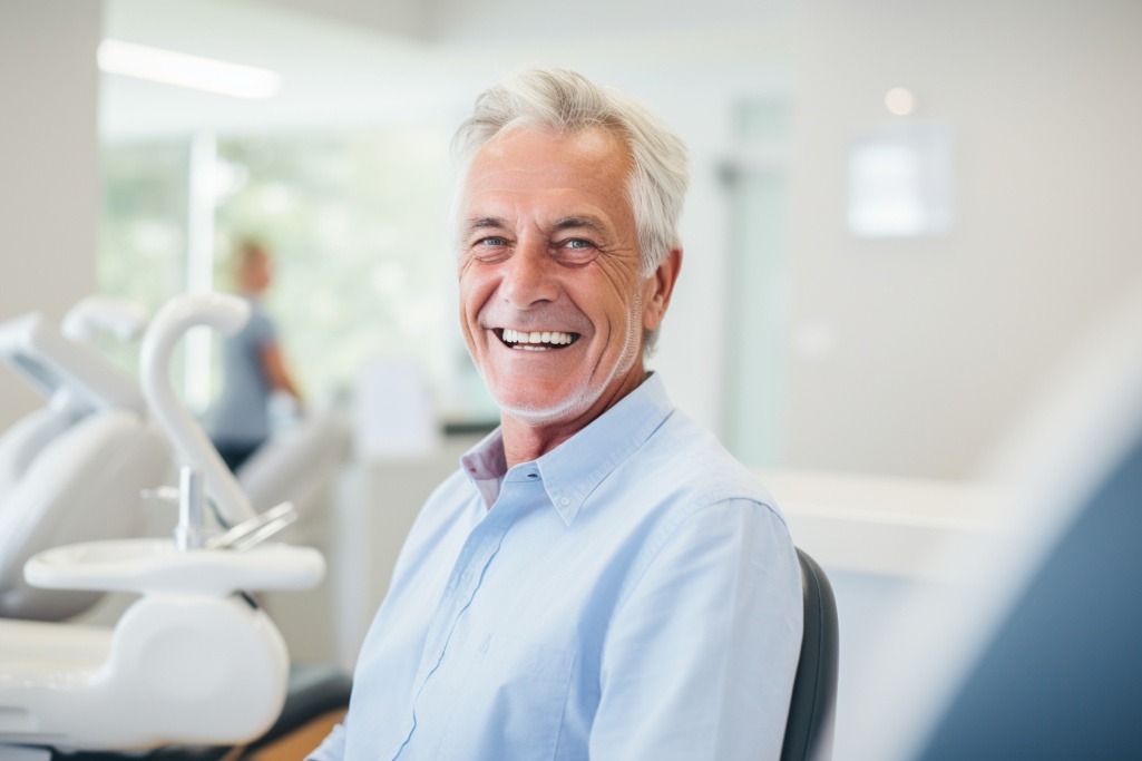 A man sitting in an exam chair smiling